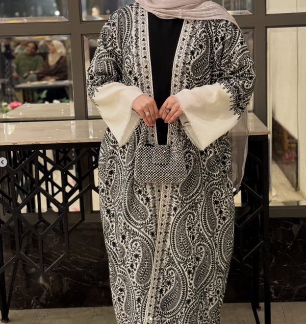 Pashmina Abaya (White with Black embroidery) — alternate view