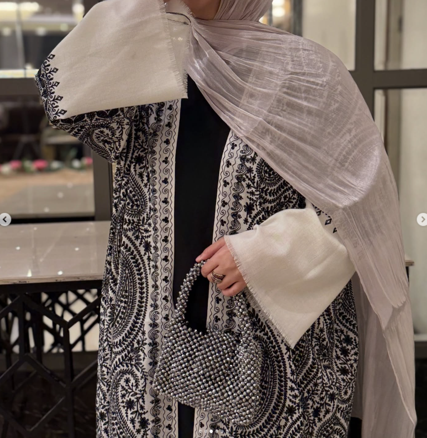 Pashmina Abaya (White with Black embroidery)